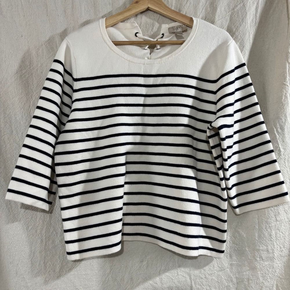 Loft Outlet Womens XL Nautical Striped Lace Up Back Knit Sweater Ivory Navy Blue